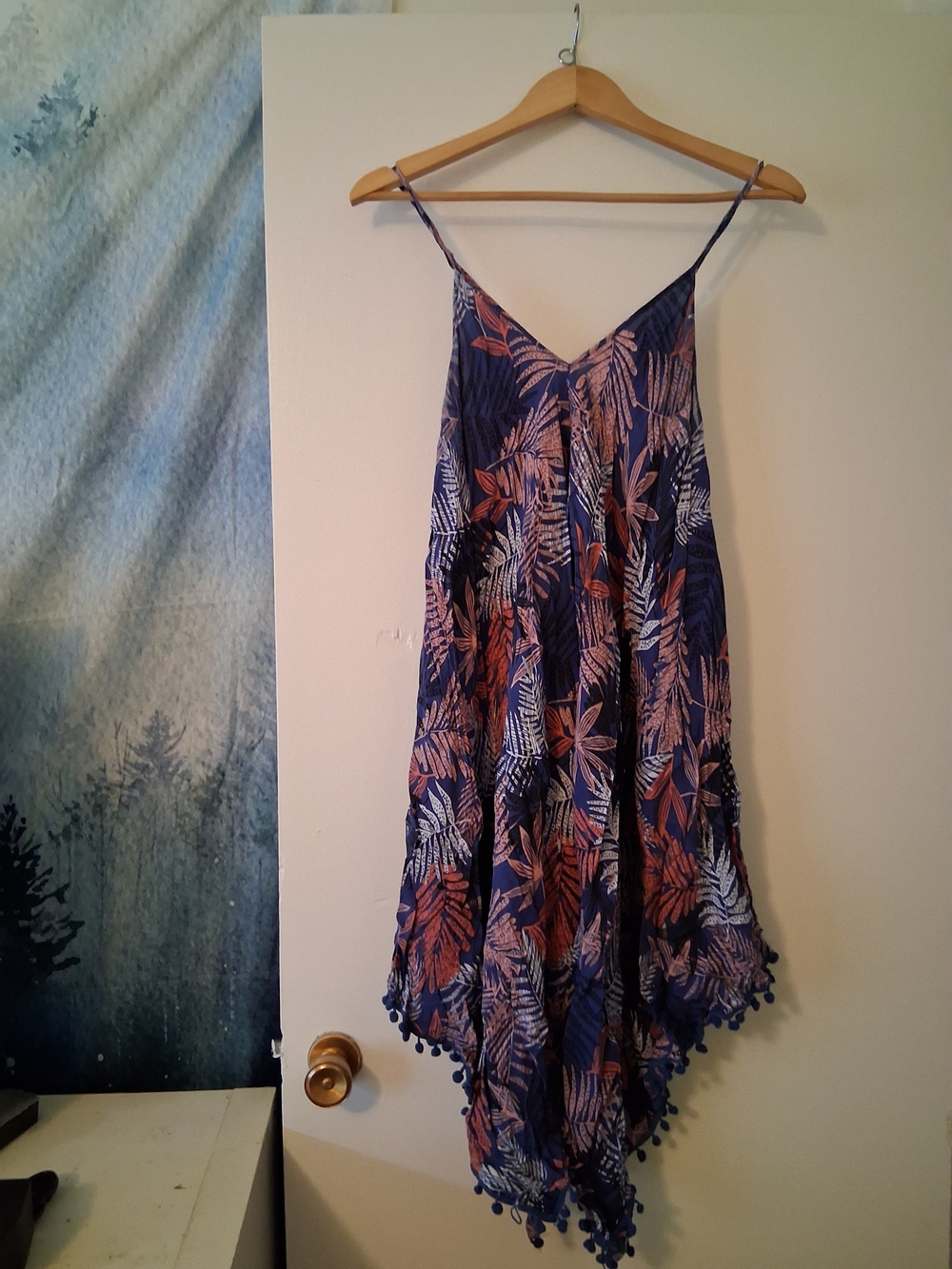 Blue Tropical Print Spaghetti Strap Sun Dress